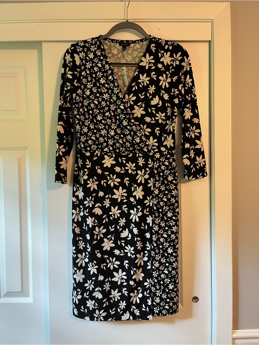 Talbots Black and White Floral Faux Wrap-Style 3/4 Sleeve Dress